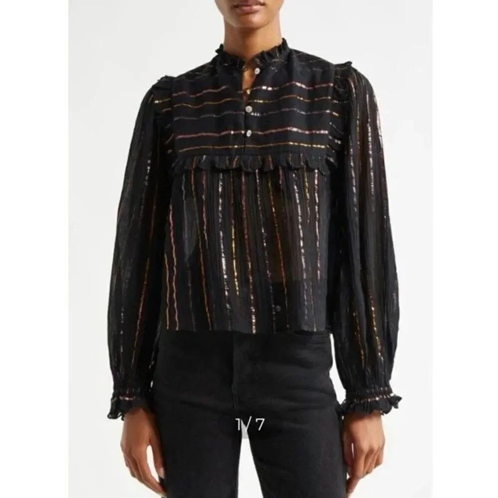 NWOT Farm Rio Metallic Stripe Ruffle Shirt in Black SZ S